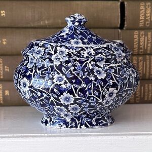 Vintage Blue Calico Sugar Bowl - Crownford China Co. Staffordshire - Rare!